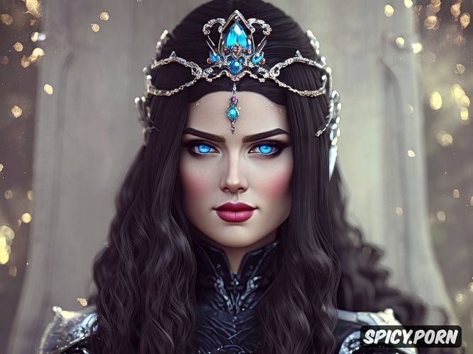 tiara, wearing black scale armor, soft blue eyes, confident smirk