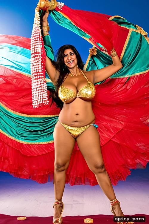 giant hanging boobs, color portrait, intricate beautiful dancing costume with bikini top