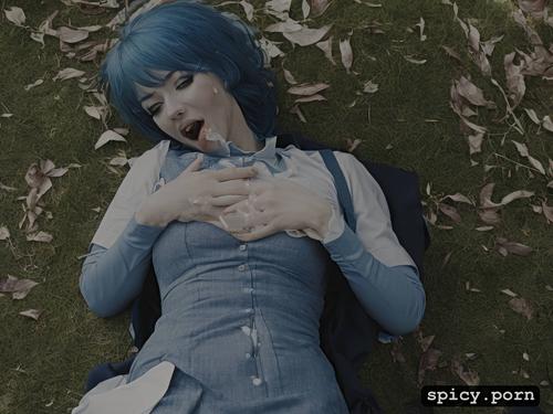 blue haired woman, white color skin, blushing on cheeks, cum dripping on her tongue