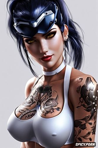 widowmaker overwatch beautiful face young full body shot, tattoos small perky tits tight white sports bra and black leggings masterpiece