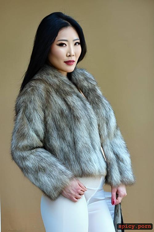 wearing a fur coat, nude, very hairy pussy, fur lover, asian woman