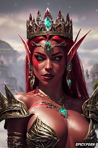 k shot on canon dslr, ultra detailed, masterpiece, fantasy princess high elf beautiful face dark red skin tone short spikey red hair tattoos royal elven armor tiara topless tits out castle