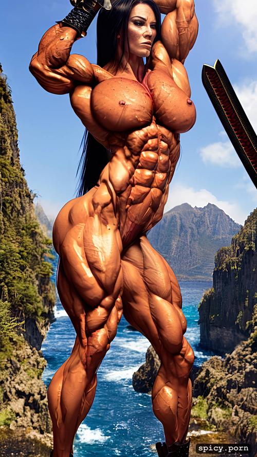 massive abs, 8k, nude muscle woman defending a weak little woman