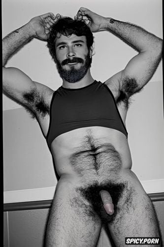 solo masculine hairy hipster guy with a big dick showing full body and perfect face beard showing hairy armpits indoors buff body brown hair