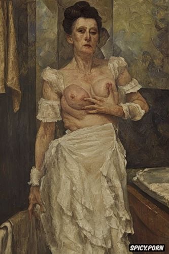 women in humid bathroom with fingertip nipple, victorian gown