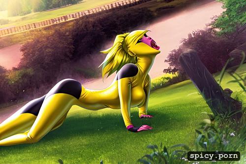 exotic female, yellow hair, ahegao face, park, vibrant, perfect body