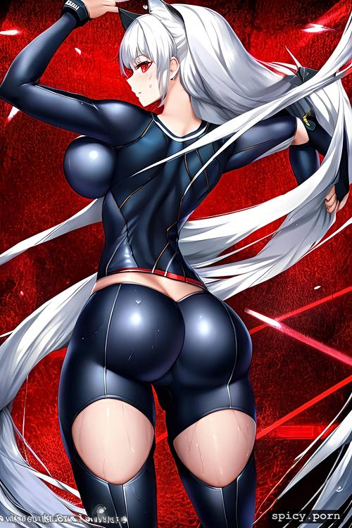 standing, silver hair, cat woman, soccer, wet skin, looking over her back