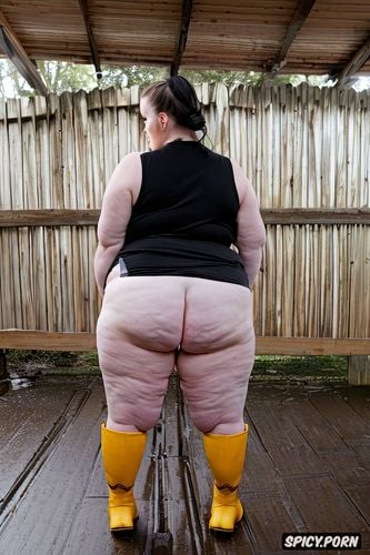 obese, thick thighs, small saggy boobs, yellow rubber boots