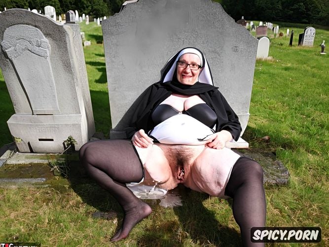 big large ssbbw belly, traditional catholic nun, grave with headstone in a cemetery