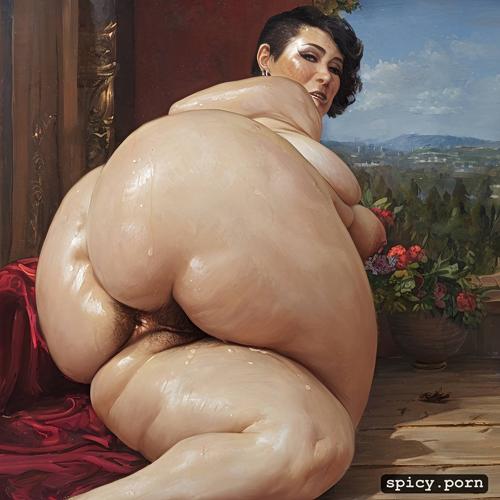 complete view, hairy fat vagina, spreading dirty ass, hairy naked no clothes chubby xxl pale skin short haired european with huge tits and open ass
