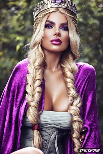 ultra detailed, ultra realistic, fantasy roman empress beautiful face full lips rosey skin long soft ashen blonde hair in a braid purple robes diadem full body shot