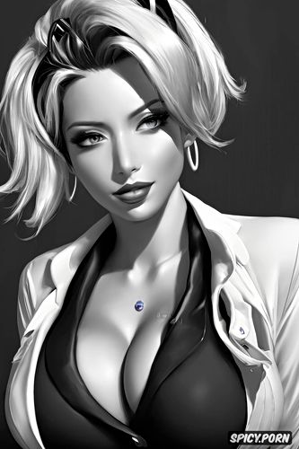 mercy overwatch milf full lips black blazer white shirt shirt unbuttoned beautiful face