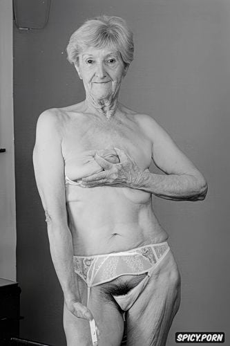 white pubic hair, standing, thin ninety year old woman, bedroom