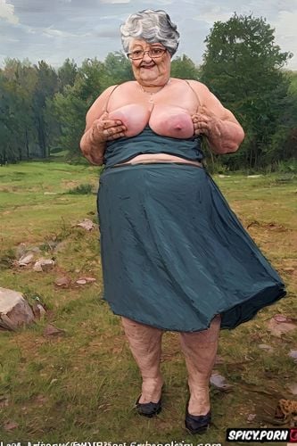 very wide hips, the very old fat grandmother skirt has nude pussy under her skirt