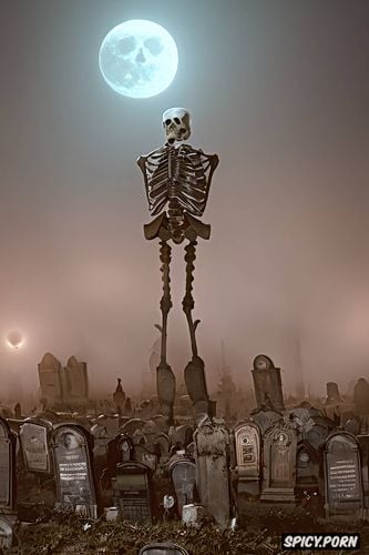 moonlight, scary glowing walking human skeleton, haunted graveyard at night
