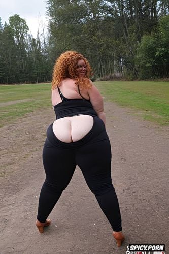 big ass, undressing, long curly ginger hair, facing camera, thick thighs