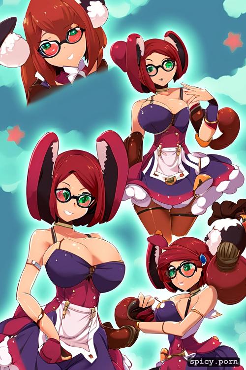 lopunny cosplay, short redhair, futanari, cute, woman, round glasses