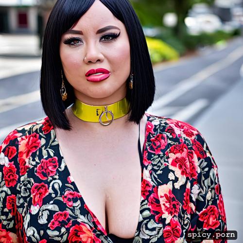 white, alternative looking and muscular woman with a black bob haircut and a choker she is embarrassed and exposed on the street she is wearing revealing clothes full body shot