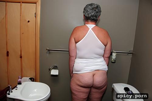view from the back, full figure, short in stature, peeing, grey hair