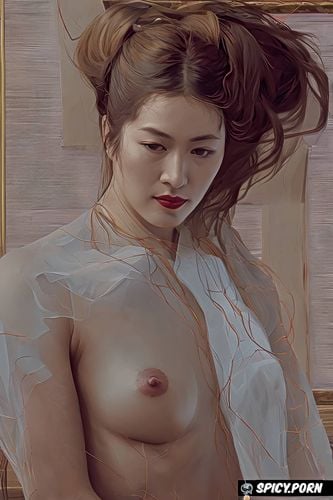 japanese woman nude, rembrandt painting, broad shoulders, strong arms