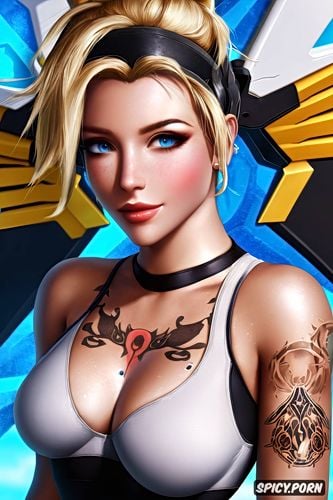 mercy overwatch beautiful face young full body shot, tattoos small perky tits tight white sports bra and black leggings masterpiece