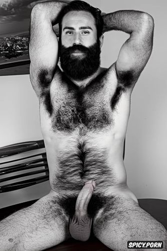 solo hairy masculine guy with a big dick showing full body and perfect face beard showing hairy armpits indoors muscular body brown hair sitting