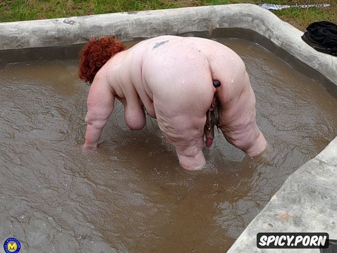 in filthy piss filled bathtub, naked obese bbw granny, short red hair