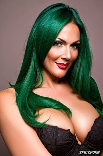 crossdresser, large cheekbones, green hair, without tits, large jaw