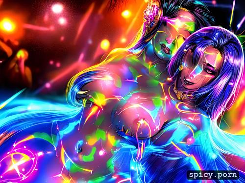 long dark hair and naked body, thai teen, body paint, dancing in a club
