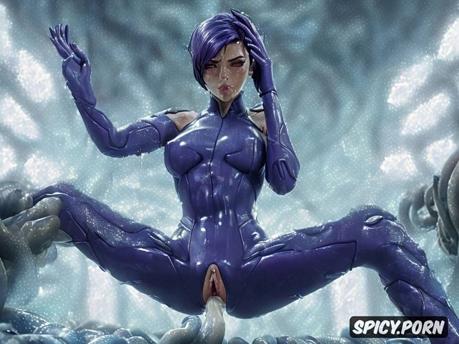 realistic anatomy, tight living suit, photo, pussy visible, tentacle suit on her body tentacles as a choker mouth gagged by tentacles tied up by tentacles