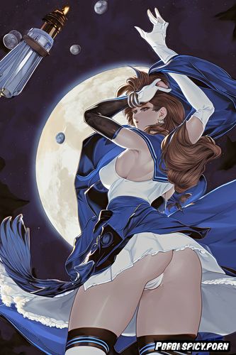 hairy pussy, woman, flying, sickle moon in background, massive arms