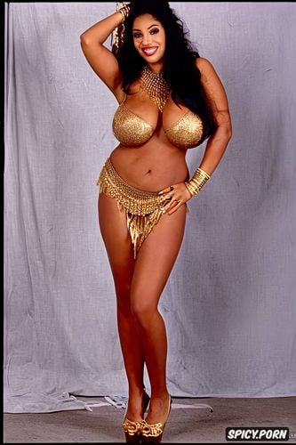 gold jewelry, silver jewelry, full view, massive breasts, color photo