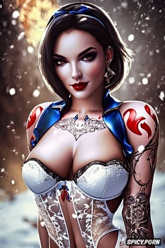 high resolution, k shot on canon dslr, tattoos masterpiece, ashe overwatch beautiful face young sexy low cut snow white lace lingerie
