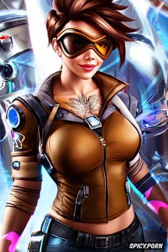 topless, masterpiece, tracer overwatch beautiful face full body shot