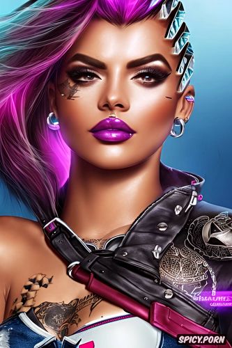 sombra overwatch beautiful face full body shot, black leather jacket and jean shorts