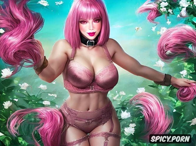 pink and white spiral background, bob haircut, huge hanging breasts