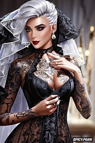 tattoos masterpiece, ultra detailed, ashe overwatch beautiful face young tight low cut black lace wedding gown