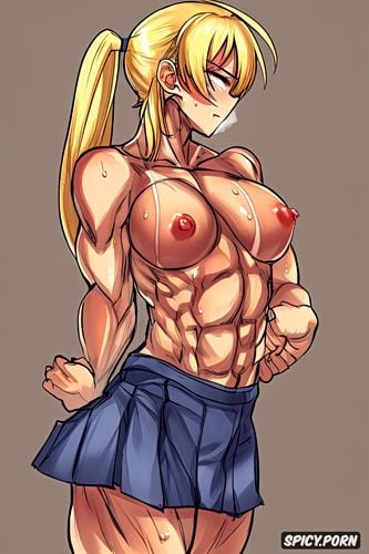 erotic masterpiece, six pack abs, blonde pigtails, mini school skirt