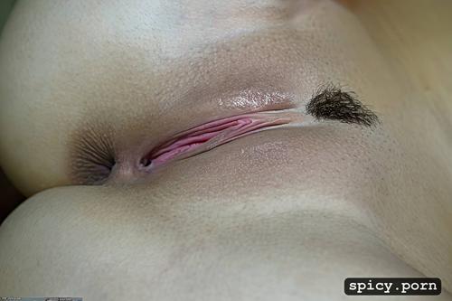 pussy lips held open displaying pussy to the viewer, a cup tiny boobs