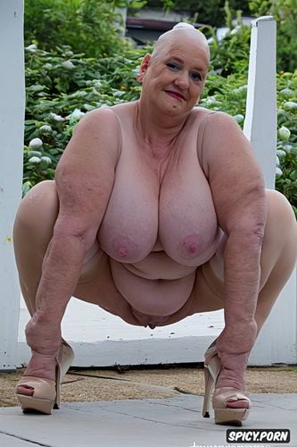 plumper chunky elderly grandmother, nude, in heels, saggy tits