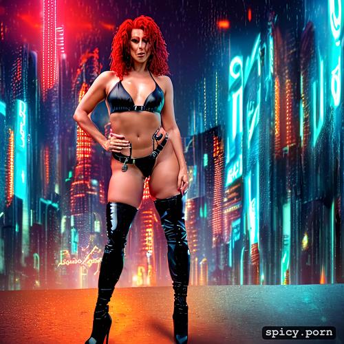 natural red hair, blade runner, neon lights, night time, black thigh high boots with high heels