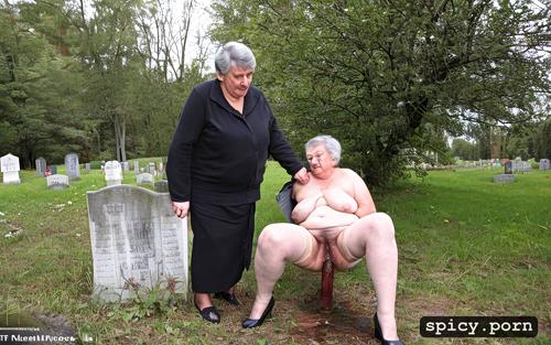 stockings, very fat granniey, high heels, ultra detailed pissing 90 year old granny on the grave