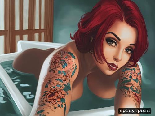 oiled body, black lady, tattoos, red hair, intricate hair, 60s