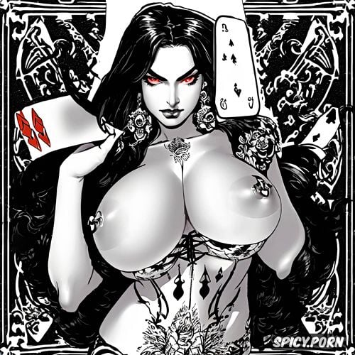 antique playing card, background looks like antique paper, her torso and chest make a giant spade