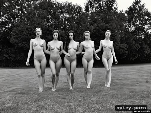 contrast, women, gorgeous twins, braided hair, same pose, one naked and nude