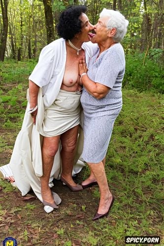 medium body shot, both grannies looking at the viewer, first granny is naked and kneeling in front of the second granny
