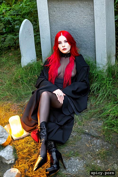 lying on tomb, high boots, dark sky, necronomicon, dyed red hair