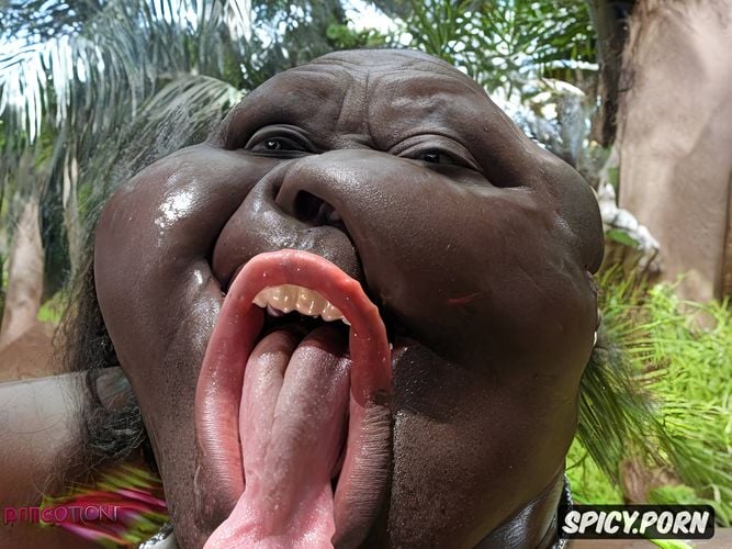 enormous tongue, young pale white women only, naked old congolese negro imam with giant tongue lustfully kissing his fat titted pregnant white servant gigantic tongue