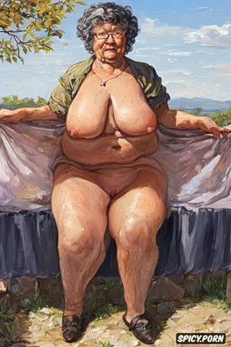 wrinkles big fat legs, the very old fat grandmother has very realistyc nude pussy under her skirt