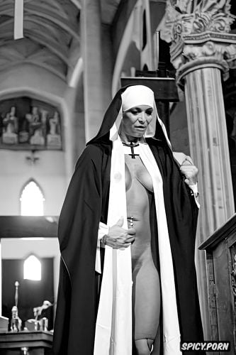nun, shaved pussy, flat chest, flat hollow belly, ribs showiing